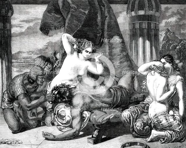 Royal Academy Exhibition - No. 16 - "Samson Betrayed", painted by F. R. Pickersgill, A.R.A., 1850. Creator: George Dalziel.