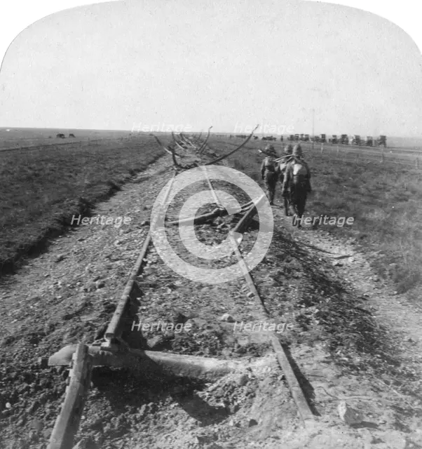 Royal Engineers repairing a railway destroyed by the Boers, Kroonstad, South Africa, 1900. Artist: Underwood & Underwood