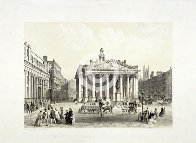 Royal Exchange and the Bank of England on the left, London, 1851. Artist: Thomas Picken