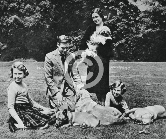 Royal family as a happy group of dog lovers, 1937. Creator: Michael Chance.