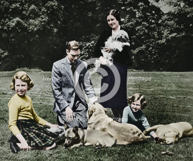 Royal family as a happy group of dog lovers, 1937. Creator: Michael Chance.
