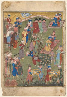 Royal Feast in a Garden (recto) from the double-page frontispiece of a Shahnama..., 1444. Creator: Unknown