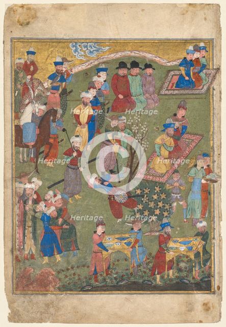 Royal Feast in a Garden (recto) from the double-page frontispiece of a Shahnama..., 1444. Creator: Unknown.