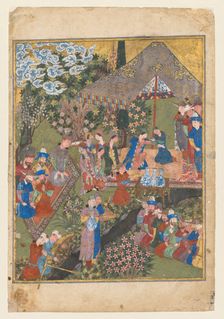 Royal Feast in a Garden, verso of right folio from the double-page frontispiece..., c. 1440. Creator: Unknown