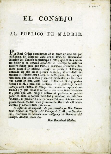 Royal Order of confiscation of properties and arrest of Manuel Godoy issued in Madrid on March 19…