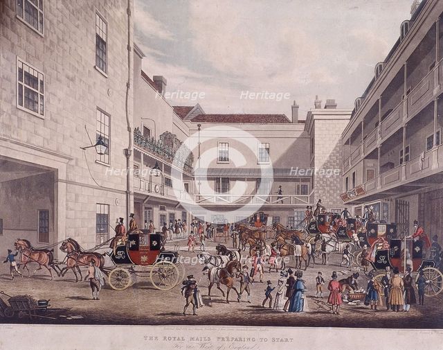 Royal Mail Coaches at Lad Lane, London, 1831. Artist: F Rosenberg