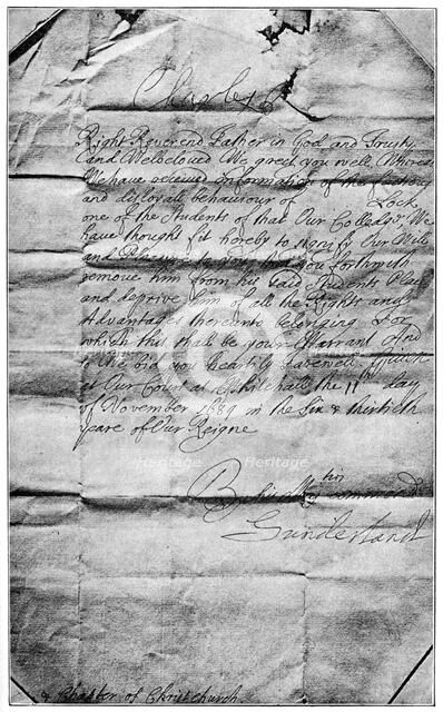 Royal mandate to erase the name of Locke from the students of Christ Church, Oxford, 1684, (1894). Artist: Unknown