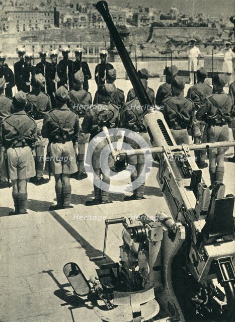 Royal Marines at the parade celebrating the successful defence of Malta, World War II, 1943 (1944). Creator: Unknown.