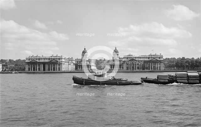 Royal Naval College, Greenwich, and tug boat on the River Thames, c1945-c1965. Artist: SW Rawlings