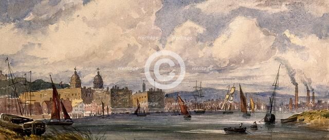 Royal Naval Hospital Greenwich, viewed from afar with many ships in the foreground. Creator: Unknown.