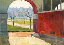 Royal Naval Hospital, Haslar: view through an arch into gardens, c1919. Creator: Jan Gordon