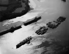 Royal Navy aircraft carriers and other military ships on the River Tamar, Plymouth, Devon, 1959. Artist: Harold Wingham