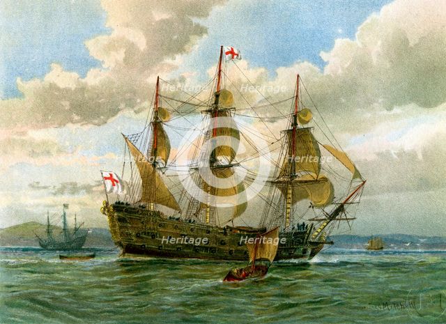 Royal Navy battle ship, c1650 (c1890-c1893).Artist: William Frederick Mitchell