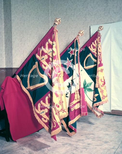 Royal, New Zealand and Canadian standards carried at the coronation of Queen Elizabeth II, 1953. Creator: Arthur Charles Kirby Ware.