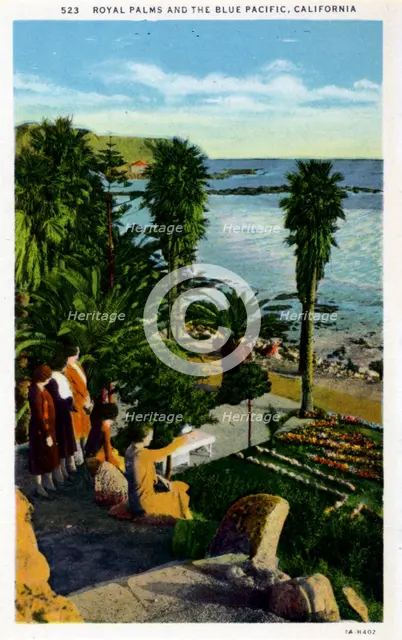 'Royal Palms and the Blue Pacific, California', postcard, 1931. Artist: Unknown
