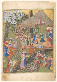 Royal Reception in a Landscape, right folio from a double-page frontispiece..., 1444. Creator: Unknown