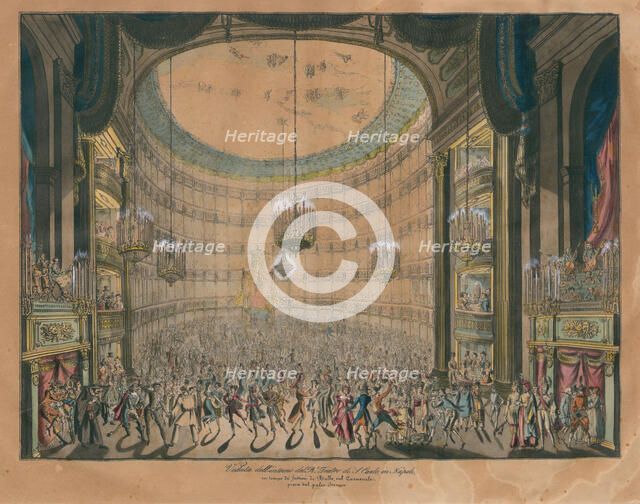 Royal Theatre of San Carlo in Naples during Carnival, seen from the stage, 1827. Creator: Anonymous.