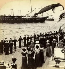 Royal Yacht passing the battleship HMS Nile Coronation Review, Spithead, Hampshire, 1902.Artist: Underwood & Underwood
