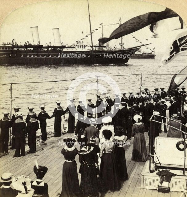Royal Yacht passing the battleship HMS 'Nile', Coronation Review, Spithead, Hampshire, 1902.Artist: Underwood & Underwood