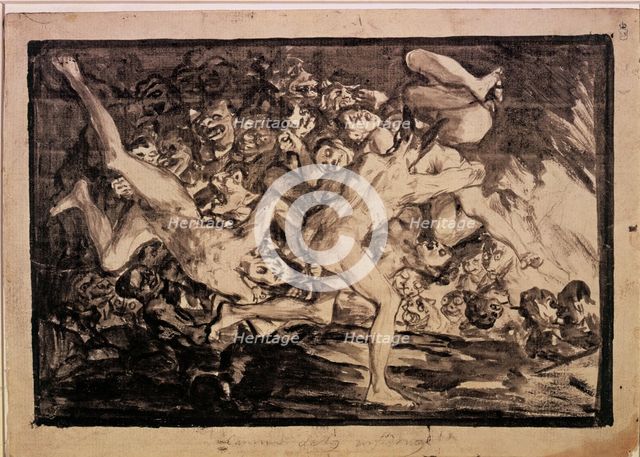  'Road to Hell'. Drawing No. 1252 of the series of sepia gouaches by Francisco de Goya.