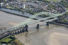 Road and rail bridges over the River Mersey and Manchester Ship Canal at Runcorn Gap, Halton, 2021. Creator: Damian Grady
