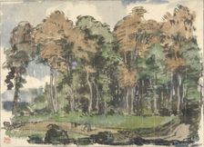 Road at the edge of a forest, with countrymen at work, 1880-1942. Creator: Jules Chadel