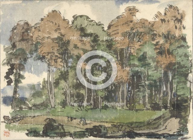 Road at the edge of a forest, with countrymen at work, 1880-1942. Creator: Jules Chadel.