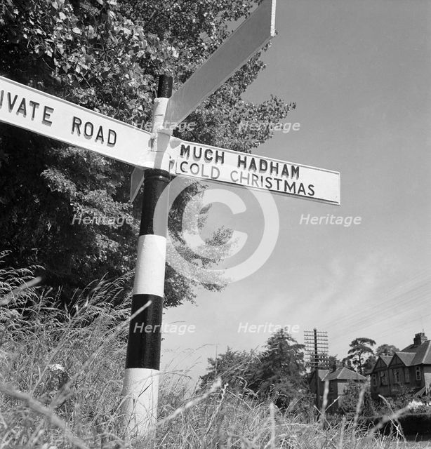 Road sign, Cambridge Road, Thundridge, Hertfordshire, 1952. Artist: John Gay.