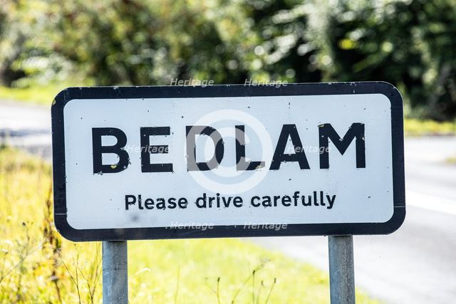 Road sign for the hamlet of Bedlam, North Yorkshire, 2019. Creator: Alun Bull.