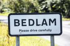 Road sign for the hamlet of Bedlam, North Yorkshire, 2019. Creator: Alun Bull