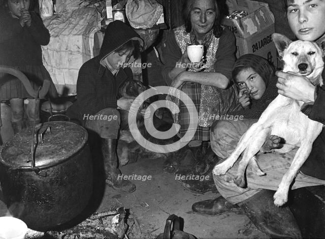 Roadside gipsy family inside a 'bender' (wigwam construction), Newdigate, Surrey, 1960s(?).