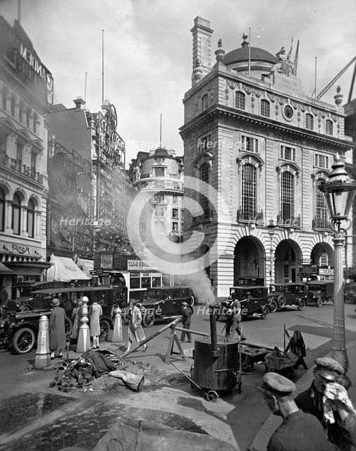 Roadworks in Piccadilly Circus, north side, Westminster, London, (c1910s?). Creator: Unknown.