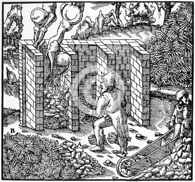 Roasting copper ore in a furnace at C, 1556. Artist: Unknown
