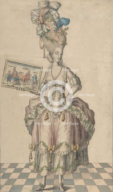 Robe à la Circassienne Garnie à la Chartres: la Coëffure de meme, Avec le Tableau des Eve..., 1770s. Creator: Anon.