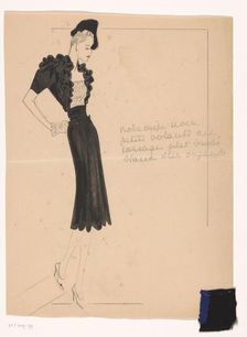 Robe crepe noir (avec) petits volants au corsage, gilet brodé blanc sur organdi, 1938-1939. Creator: Marcel Dhorme