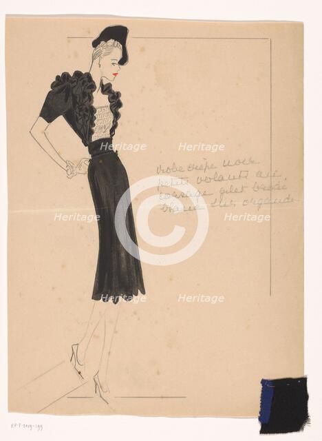 Robe crepe noir (avec) petits volants au corsage, gilet brodé blanc sur organdi, 1938-1939.  Creator: Marcel Dhorme.