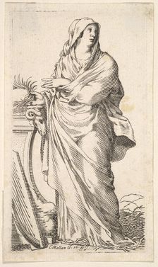 Robed woman standing next to a plinth, her right hand bears a palm branch, a harp r..., ca. 1620-88. Creator: Claude Mellan