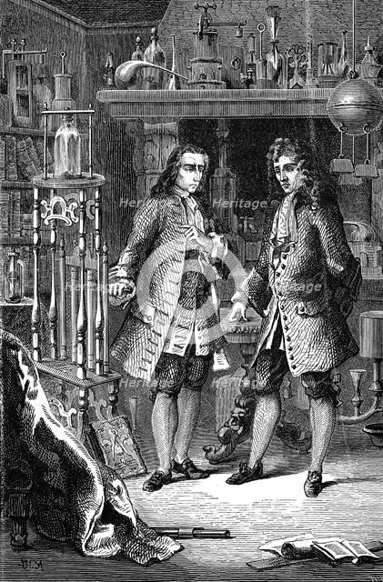 Robert Boyle, Anglo-Irish chemist and physicist and Denis Papin, French physicist, 1870. Artist: Unknown