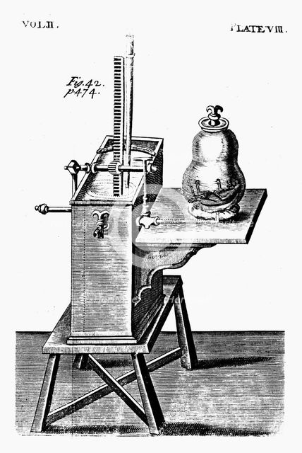 Robert Boyle's second air pump, c1660 (1725). Creator: Unknown.