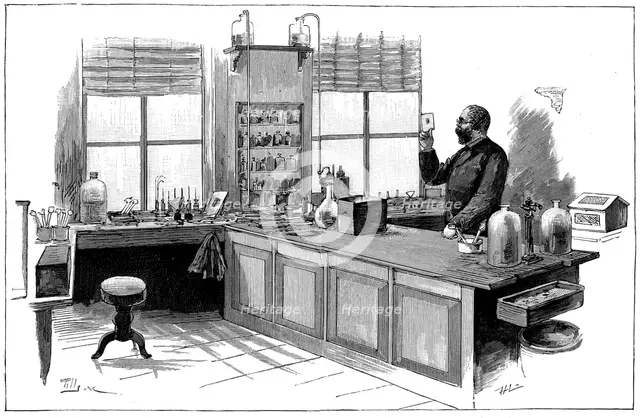 Robert Koch (1843-1910), German bacteriologist and physician in his laboratory. Creator: Unknown.