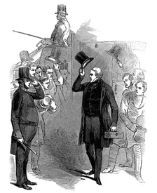 Robert Peel, British statesman, arriving at the House of Commons, London, January, 1846