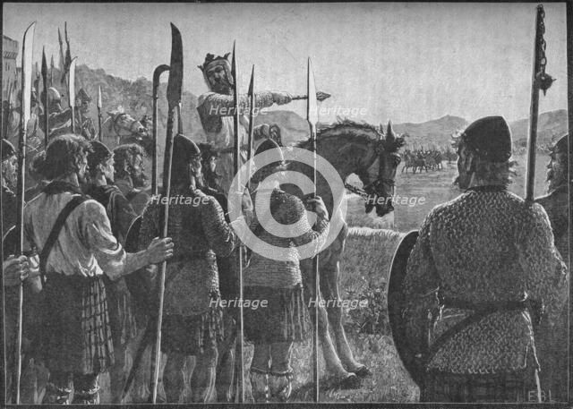 Robert the Bruce reviewing his troops before the Battle of Bannockburn, 1314 (1905).  Artist: EBL.