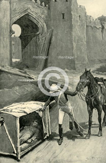 'Roberts Finds Nicholson Mortally Wounded Under the Walls of Delhi', (1901).  Creator: Sidney E Paget.