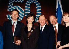 Robin Cook (1946- ), Tony Blair (1953- ) and Cherie Blair at a ceremony, 1998. Creator: Sidney Harris