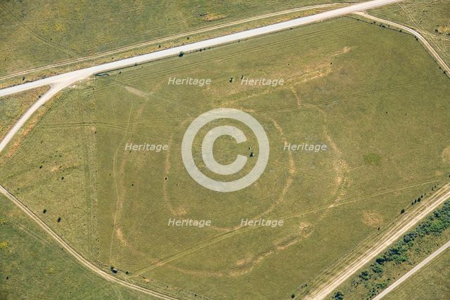 Robin Hood's Ball, a Neolithic causewayed camp showing as a parch mark, Salisbury Plain, 2022. Creator: Damian Grady.