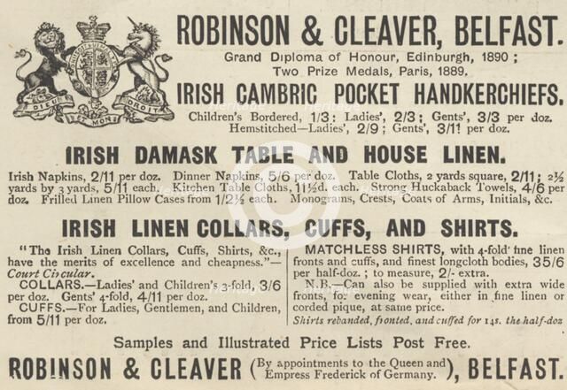 Robinson & Cleaver Linens, 1893. Artist: Unknown