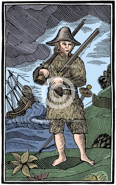Robinson Crusoe, chapbook cut, 18th century (1964). Artist: Anon.
