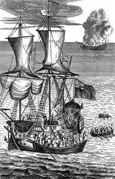 Robinson Crusoe Saves the Crew of a Ship on Fire at Sea c1719