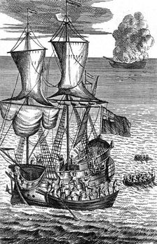 Robinson Crusoe Saves the Crew of a Ship on Fire at Sea c1719