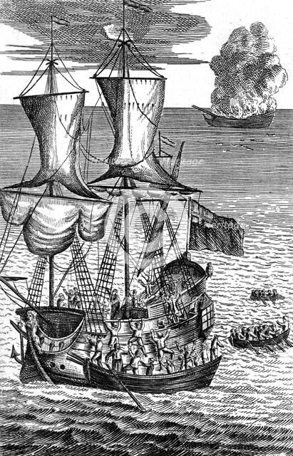 'Robinson Crusoe Saves the Crew of a Ship on Fire at Sea', c1719. Artist: Unknown